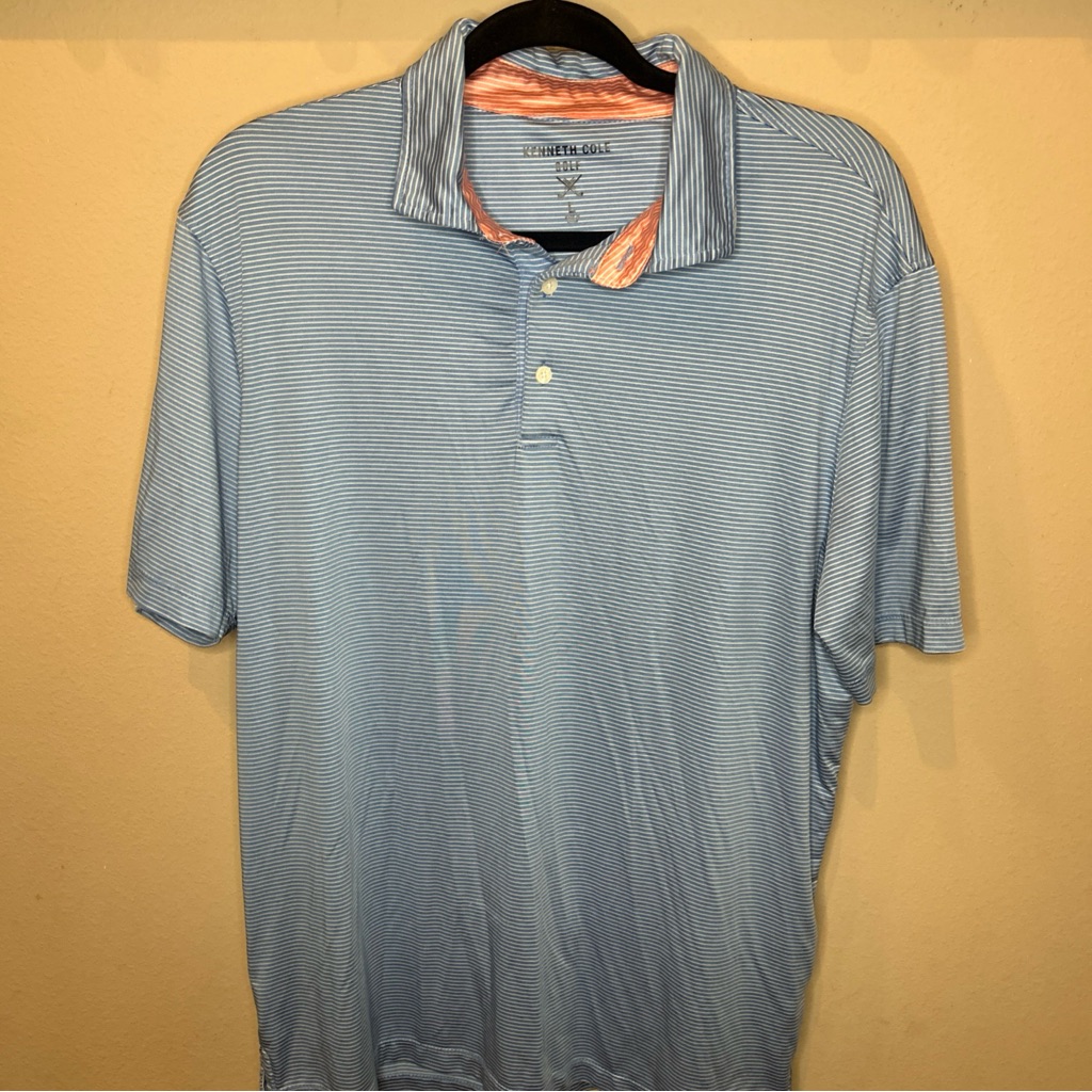 Men's Kenneth Cole Light Blue Striped Golf Polo Shirt Xl Activewear